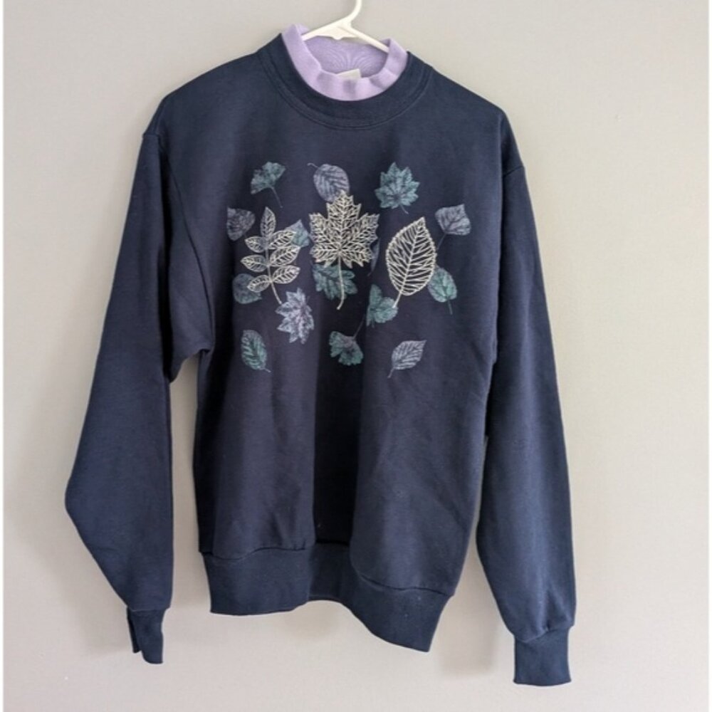 Vintage Leaf Print‎ Sweatshirt Navy Lilac Collar Small Grandma sweater Granola